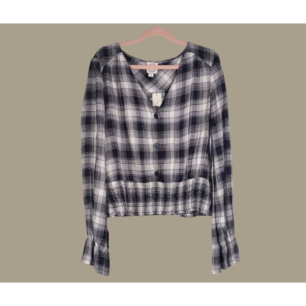 Blue Rain By Francescas Blue and White Plaid Button-Front Long Sleeve Top XL